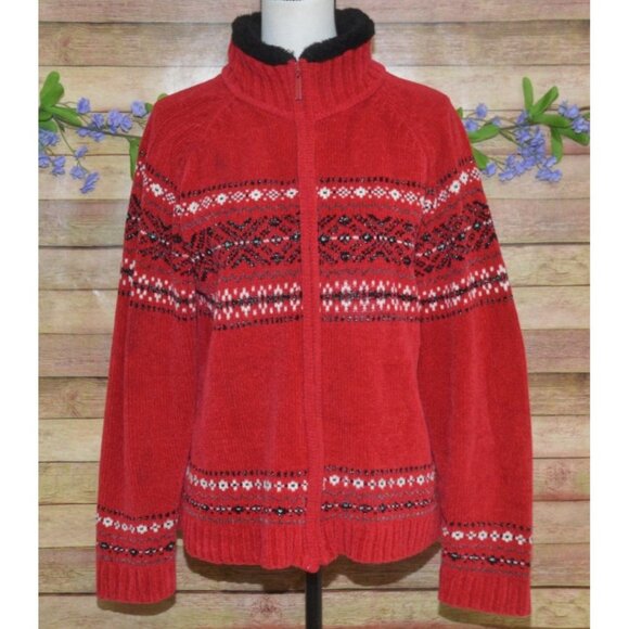 Carolyn Taylor Ladies Red Full Zip Faux Fur Fair Isle Sweater Cardigan Size XL - Picture 5 of 15